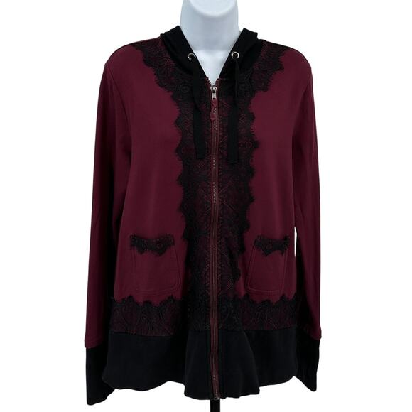 Evy's Tree Hoodie Womens L Maroon Black Zip-Up The Jacquelin Lace Trim Whimsy - Picture 1 of 8